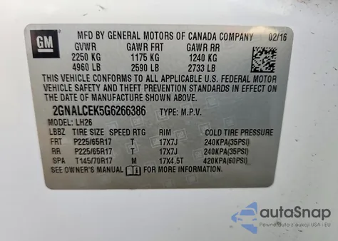 2016 Chevrolet Equinox Lt z USA, uszkodzony, nr VIN 2GNALCEK5G6266386